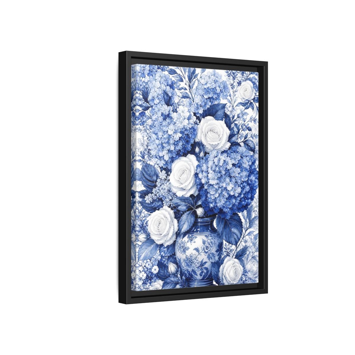 Floral Bouquet Blue And White Framed Canvas Print Wall Art – Living Room Decor, Above Fireplace - YesArtYes