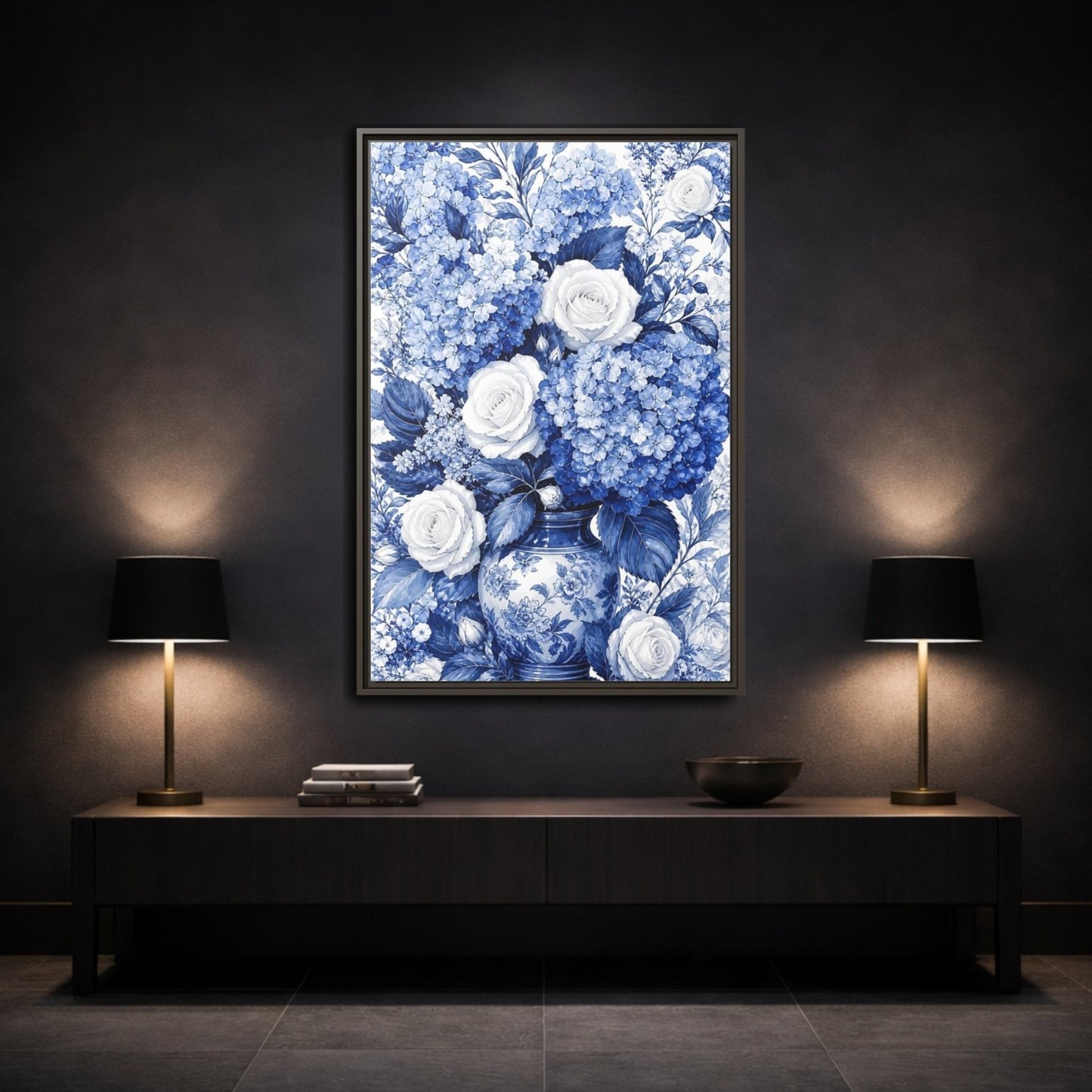 Floral Bouquet Blue And White Framed Canvas Print Wall Art – Living Room Decor, Above Fireplace - YesArtYes
