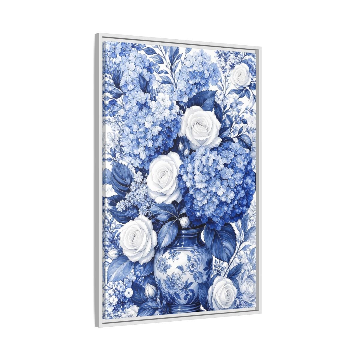 Floral Bouquet Blue And White Framed Canvas Print Wall Art – Living Room Decor, Above Fireplace - YesArtYes