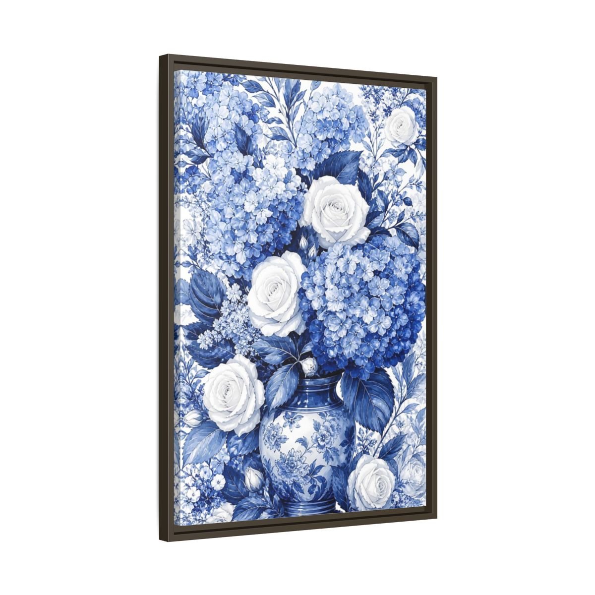 Floral Bouquet Blue And White Framed Canvas Print Wall Art – Living Room Decor, Above Fireplace - YesArtYes