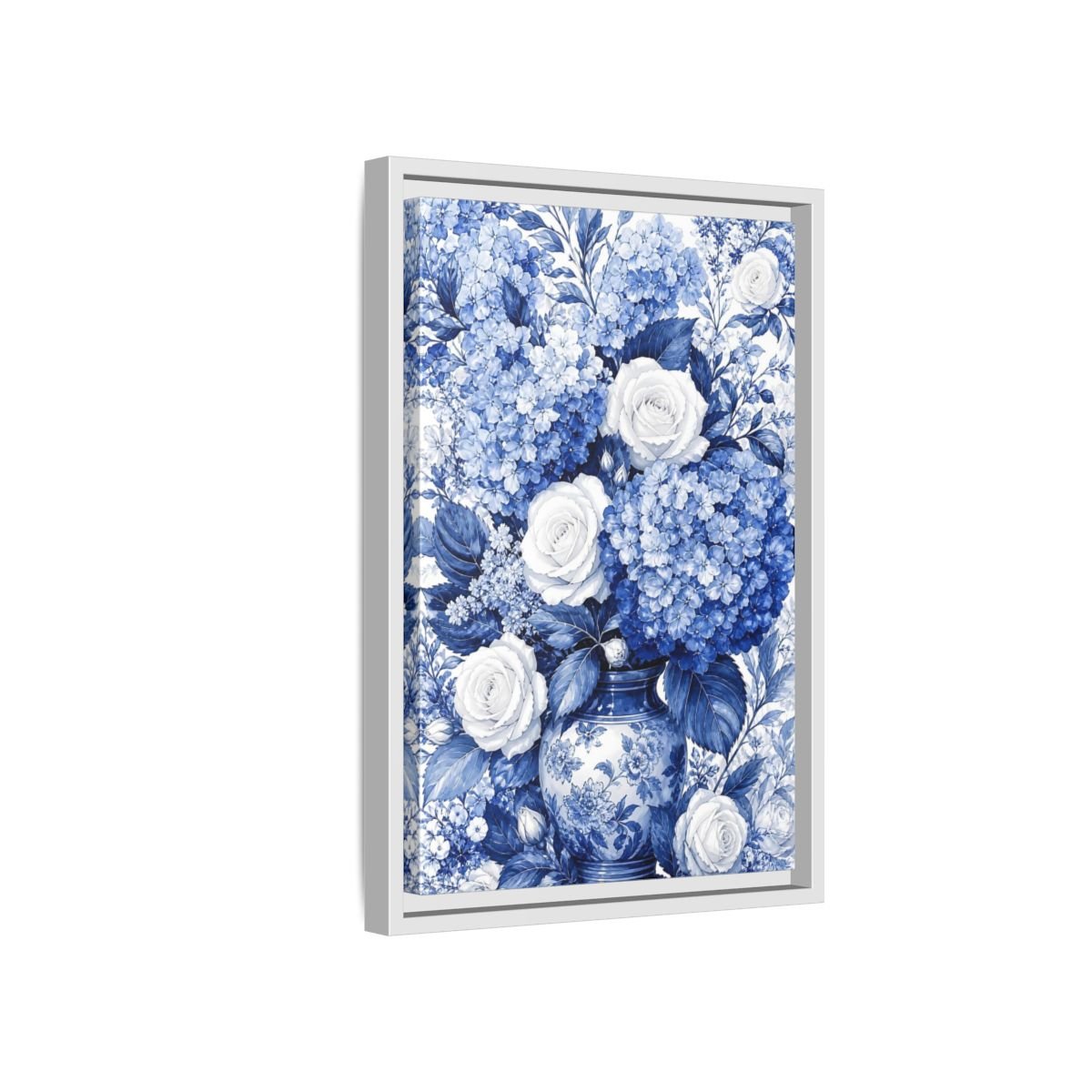 Floral Bouquet Blue And White Framed Canvas Print Wall Art – Living Room Decor, Above Fireplace - YesArtYes