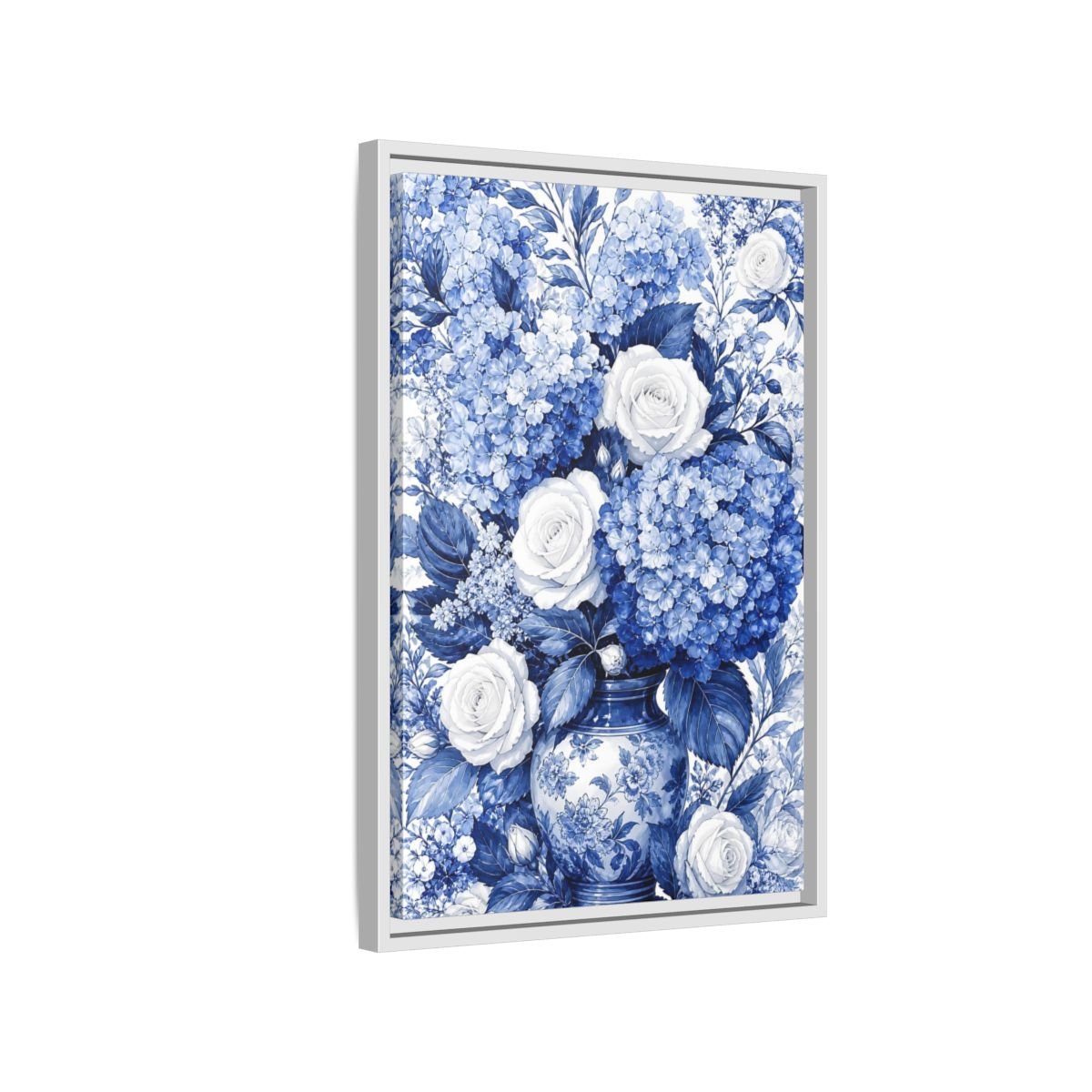 Floral Bouquet Blue And White Framed Canvas Print Wall Art – Living Room Decor, Above Fireplace - YesArtYes