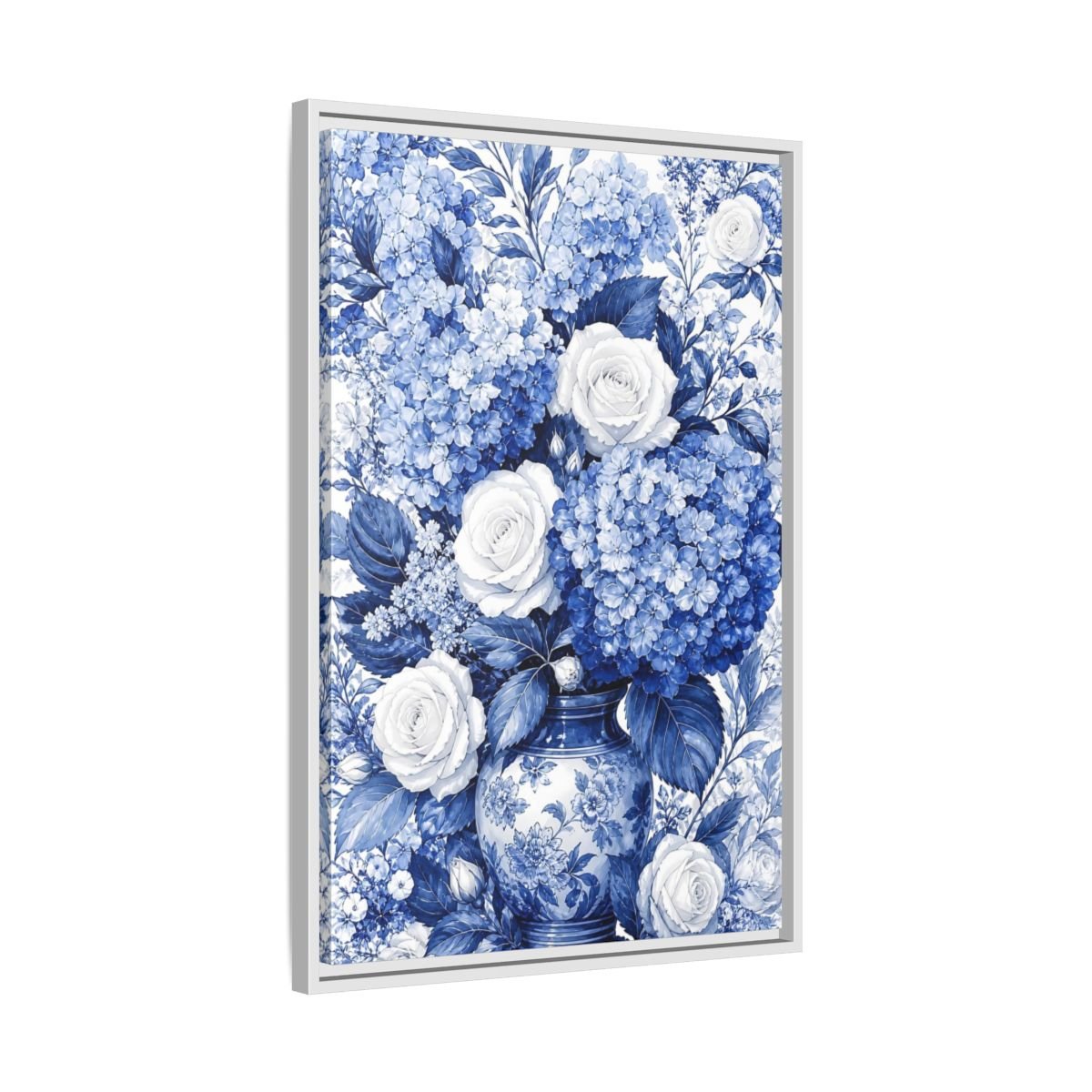 Floral Bouquet Blue And White Framed Canvas Print Wall Art – Living Room Decor, Above Fireplace - YesArtYes
