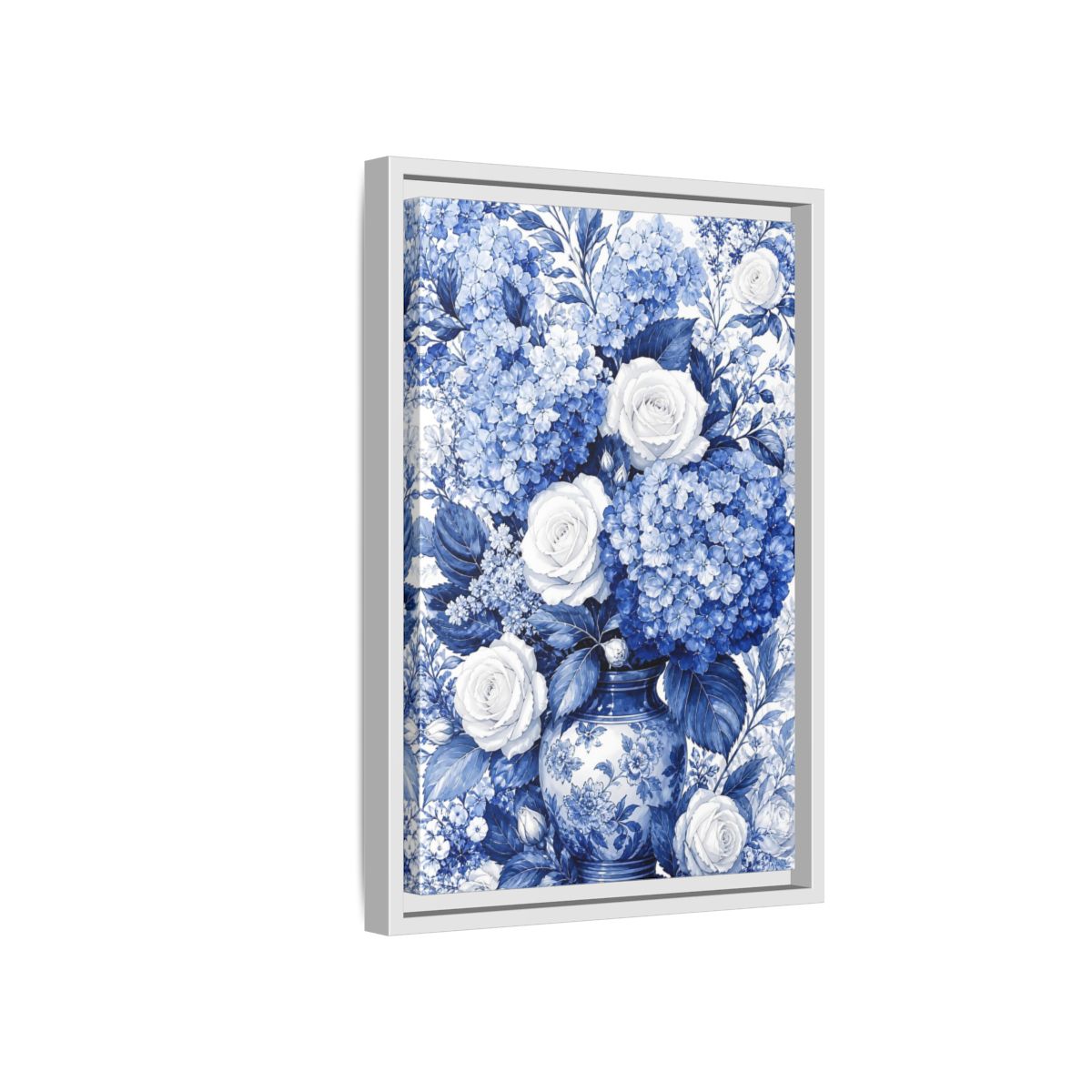 Side Mockup 4. Floral Floral Bouquet Blue And White Floral shown as framed canvas print