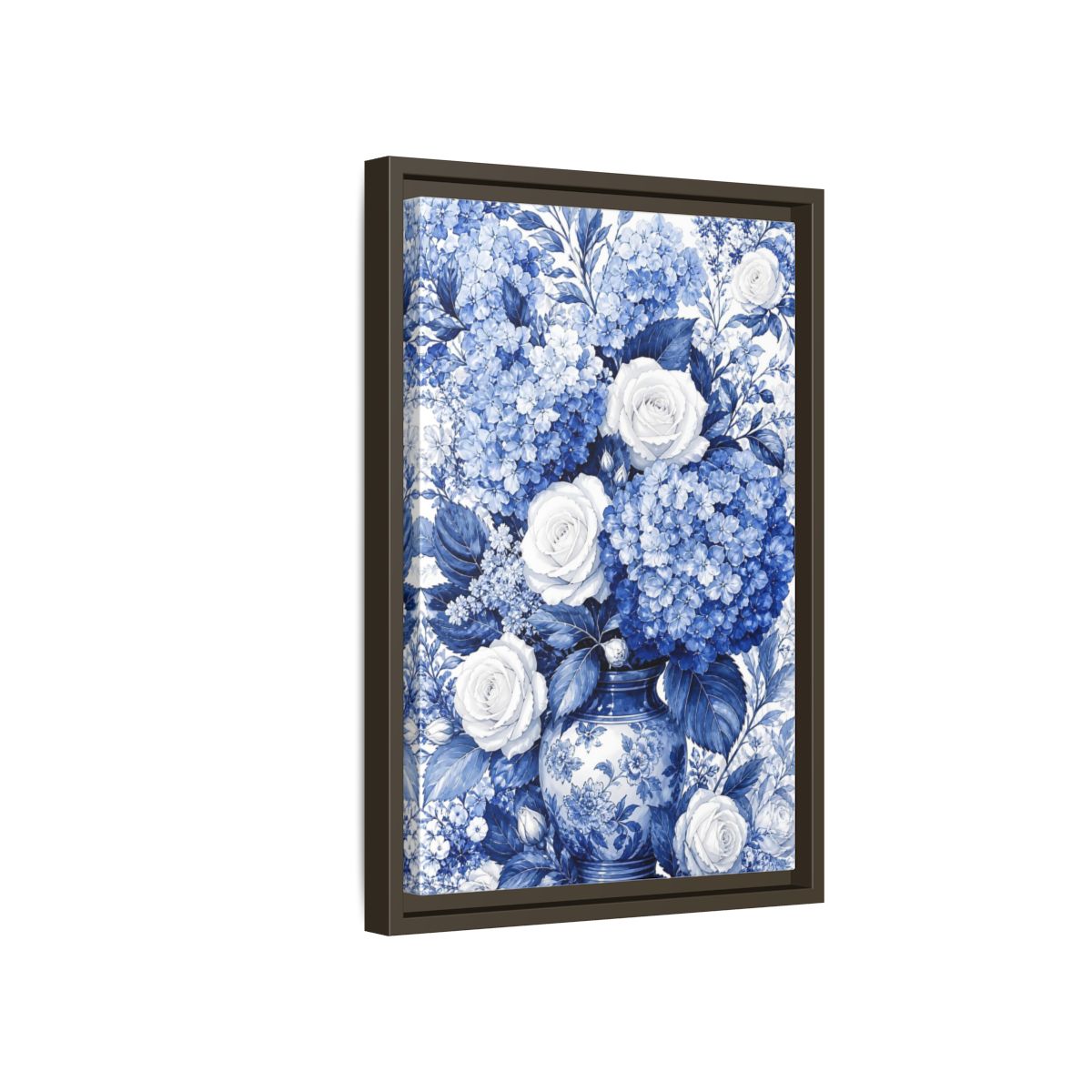 Side Mockup 5. Floral Floral Bouquet Blue And White Floral shown as framed canvas print