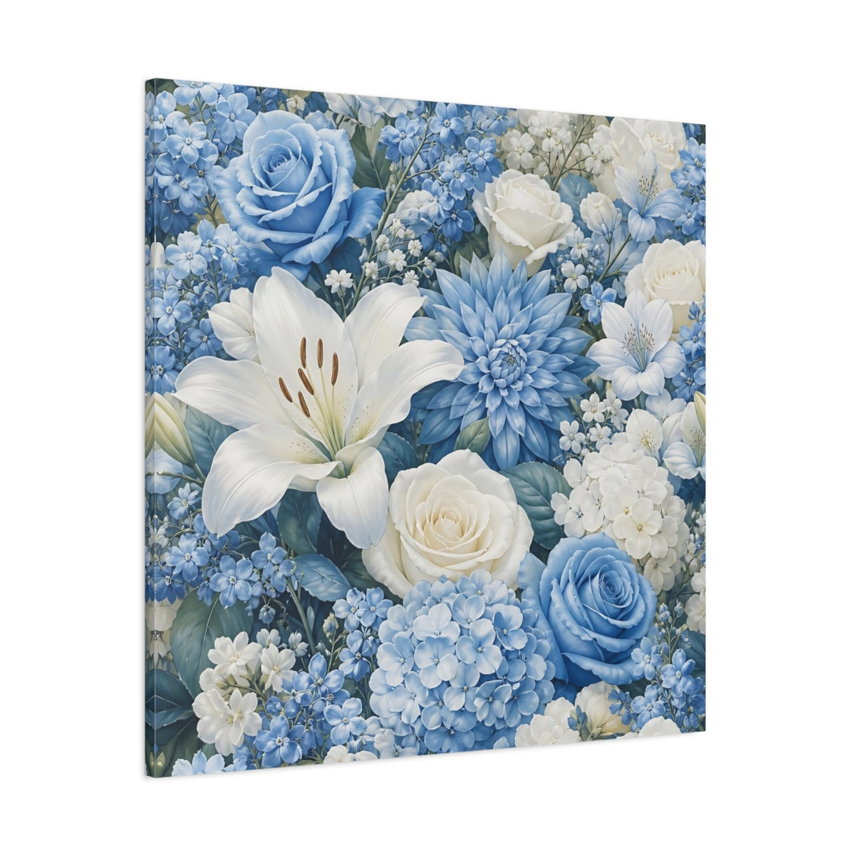 Side Mockup 1. Floral Floral Bouquet Blue White Floral shown as stretched canvas wall art