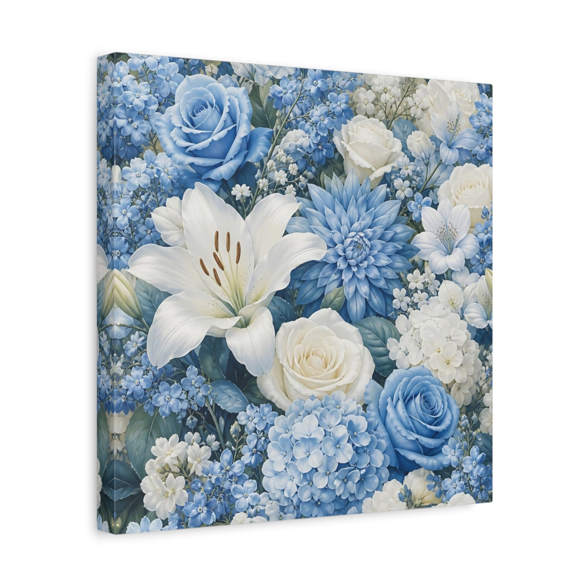 Side Mockup 7. Floral Floral Bouquet Blue White Floral shown as stretched canvas wall art