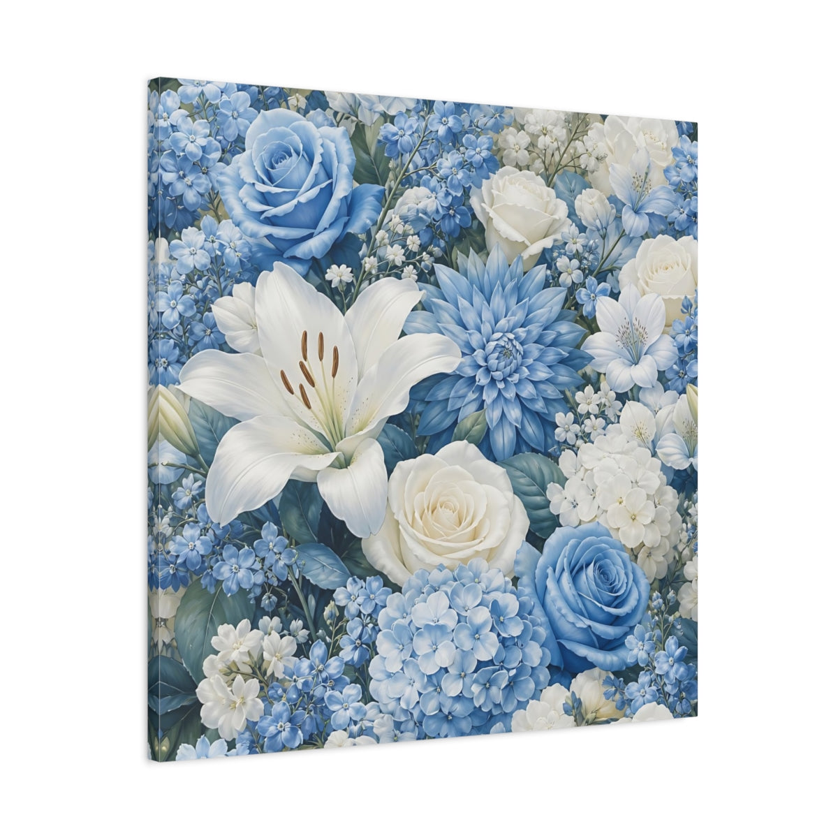 Side Mockup 3. Floral Floral Bouquet Blue White Floral shown as stretched canvas wall art