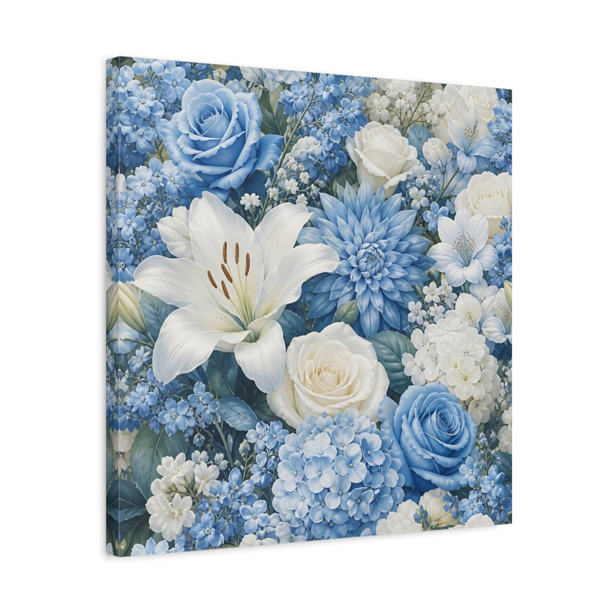 Side Mockup 5. Floral Floral Bouquet Blue White Floral shown as stretched canvas wall art