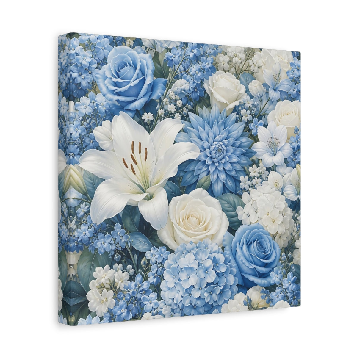 Side Mockup 8. Floral Floral Bouquet Blue White Floral shown as stretched canvas wall art