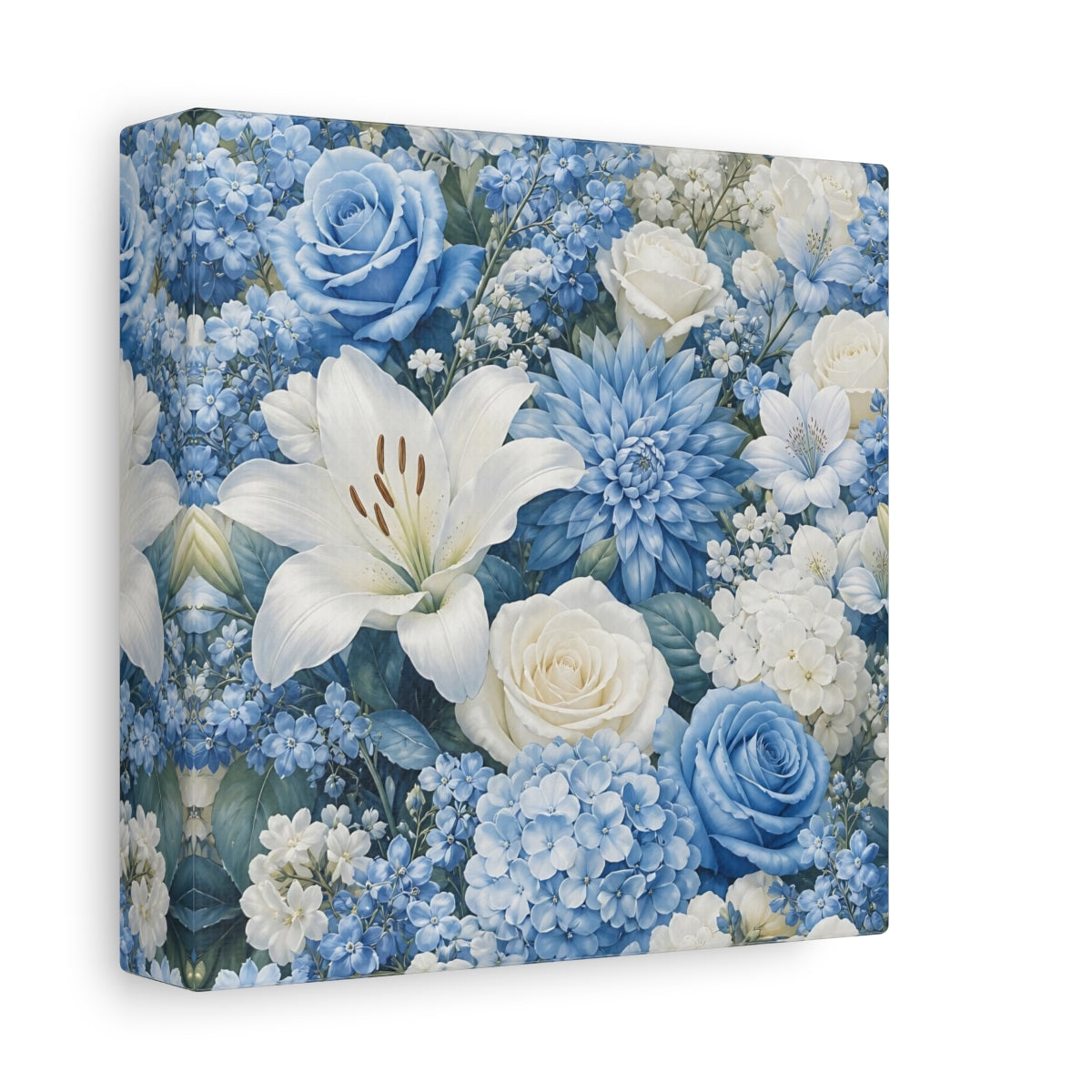 Side Mockup 2. Floral Floral Bouquet Blue White Floral shown as stretched canvas wall art