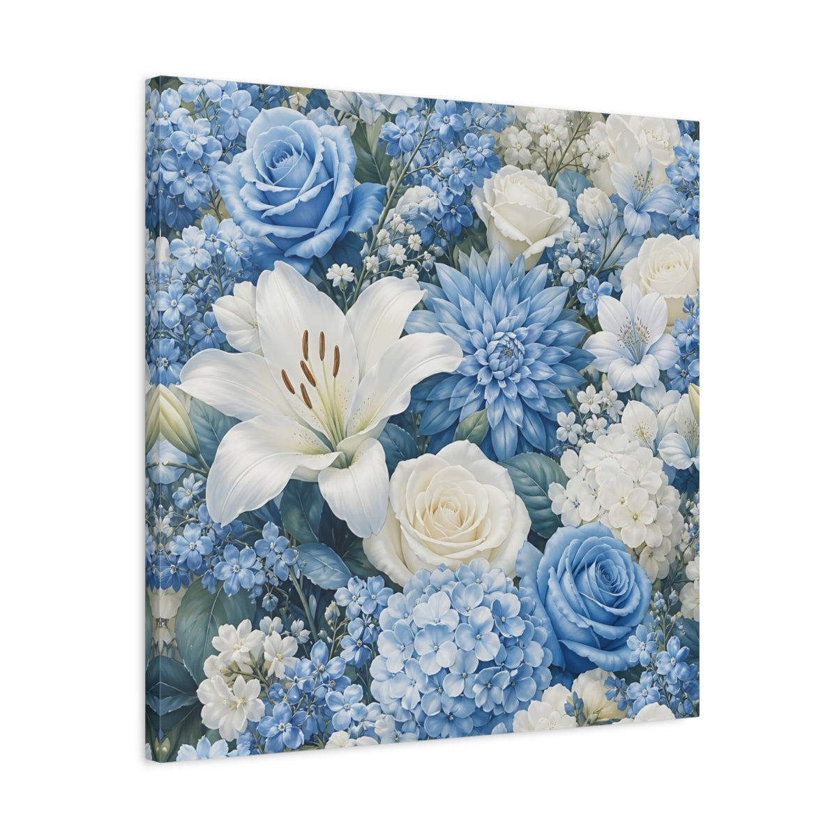 Side Mockup 4. Floral Floral Bouquet Blue White Floral shown as stretched canvas wall art