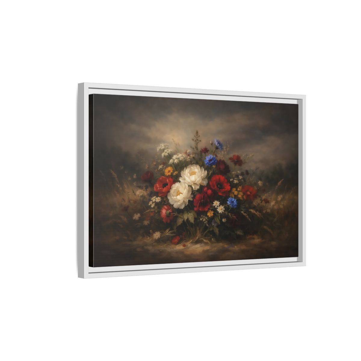 Side Mockup 1. Floral Floral Bouquet Colorful Floral Bouquet shown as stretched canvas wall art
