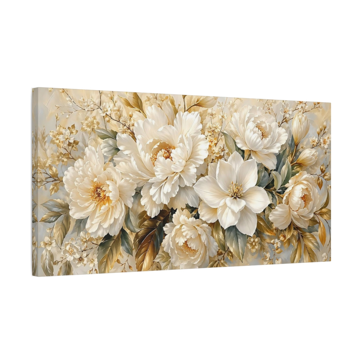 Side Mockup 1. Floral Floral Bouquet Cream White Floral shown as stretched canvas wall art