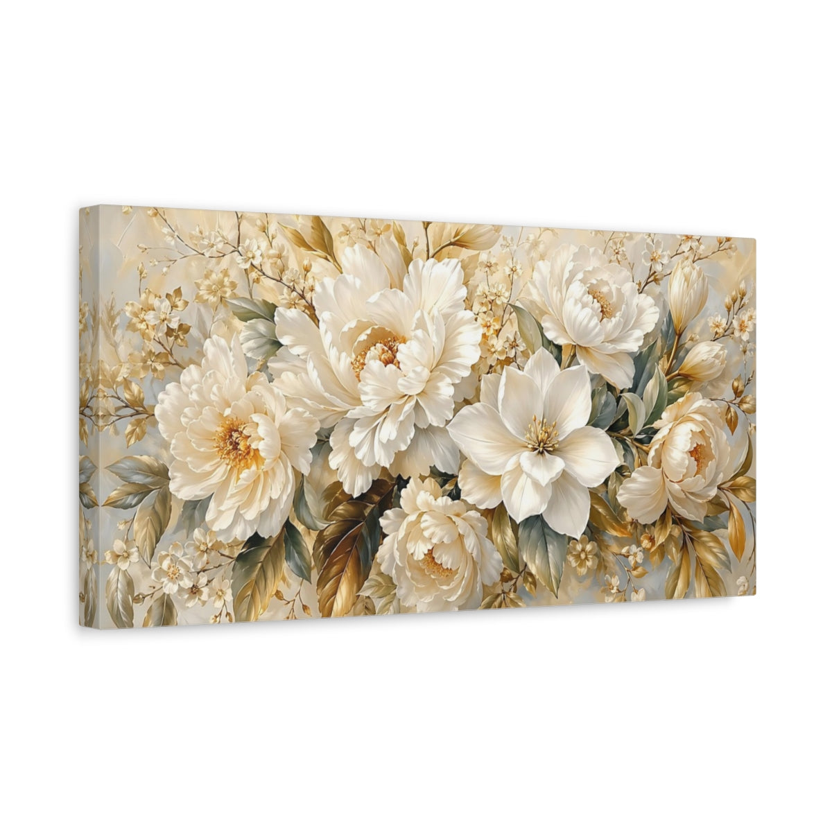Side Mockup 3. Floral Floral Bouquet Cream White Floral shown as stretched canvas wall art