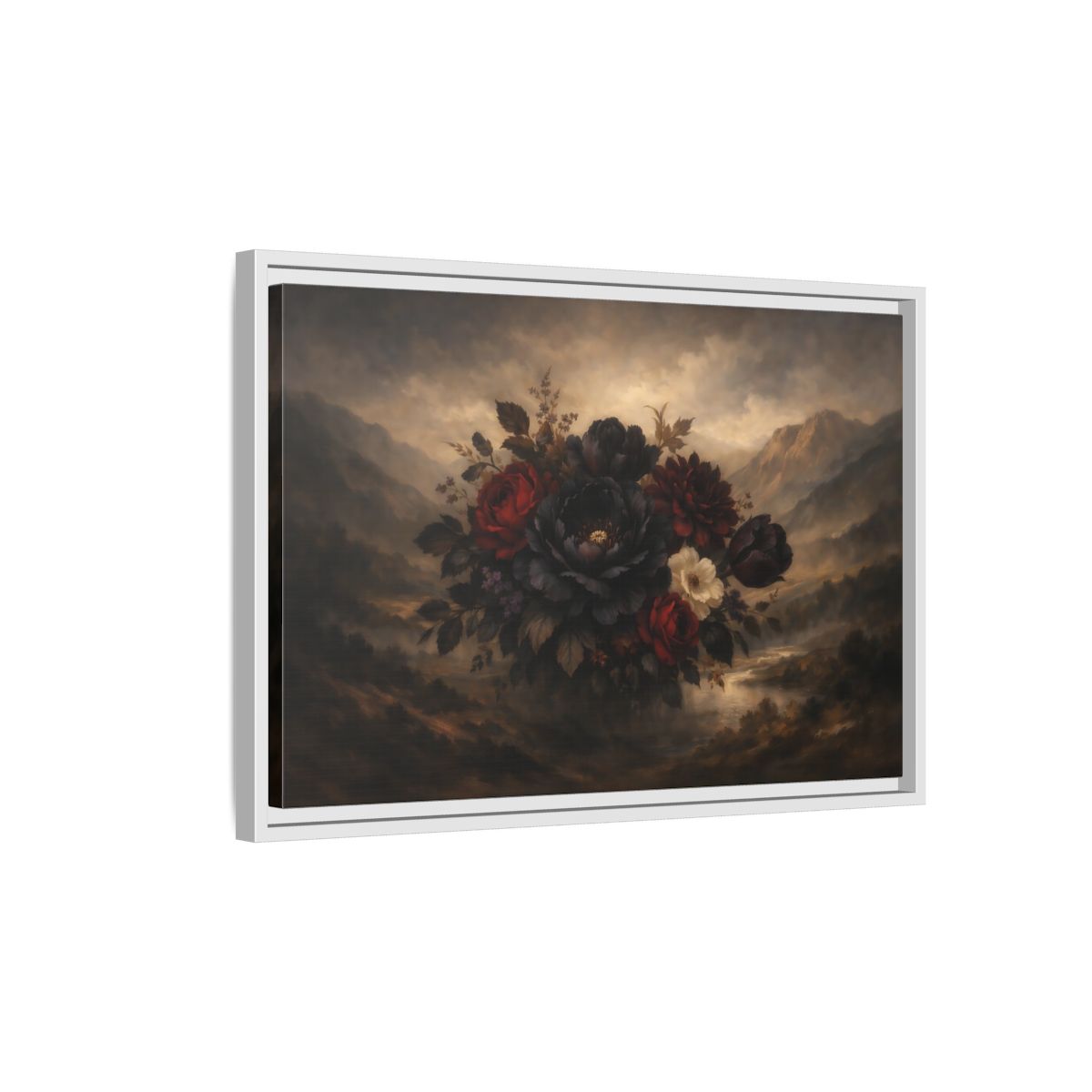 Side Mockup 1. Floral Floral Bouquet Dark Floral Landscape shown as stretched canvas wall art