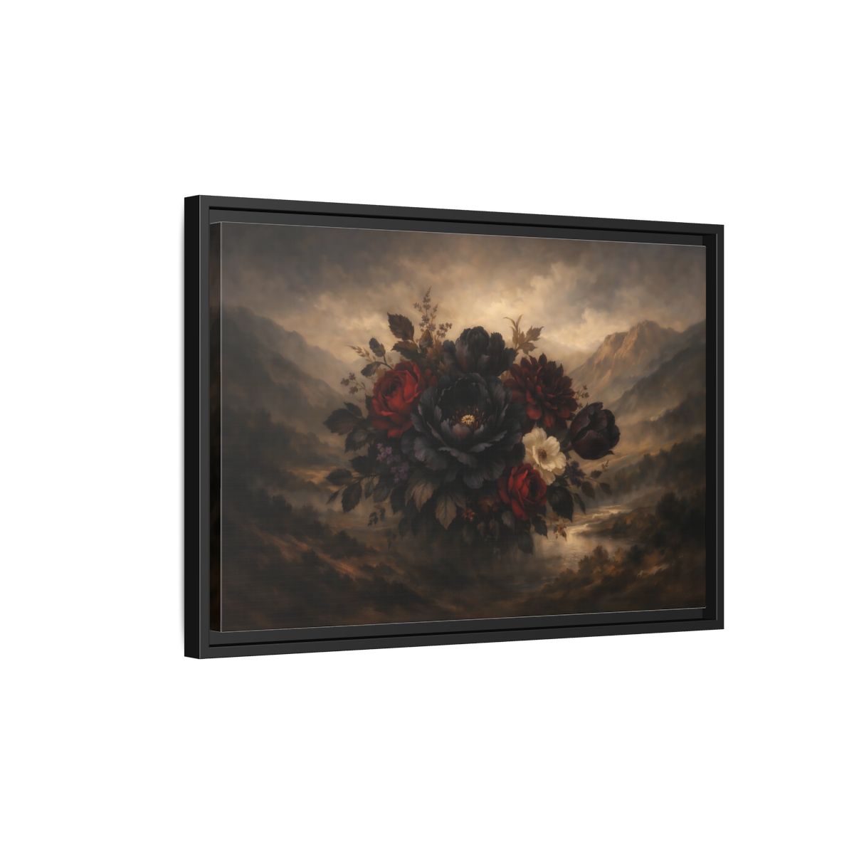 Side Mockup 3. Floral Floral Bouquet Dark Floral Landscape shown as stretched canvas wall art