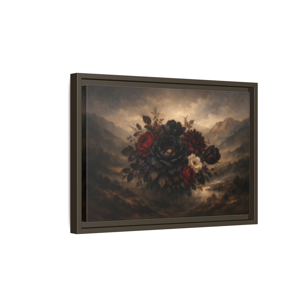 Side Mockup 5. Floral Floral Bouquet Dark Floral Landscape shown as stretched canvas wall art