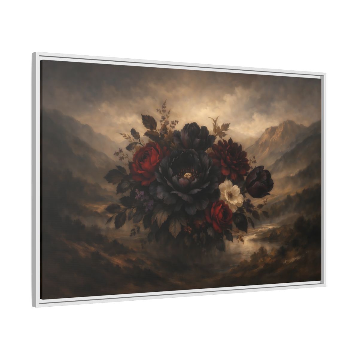 Side Mockup 7. Floral Floral Bouquet Dark Floral Landscape shown as stretched canvas wall art