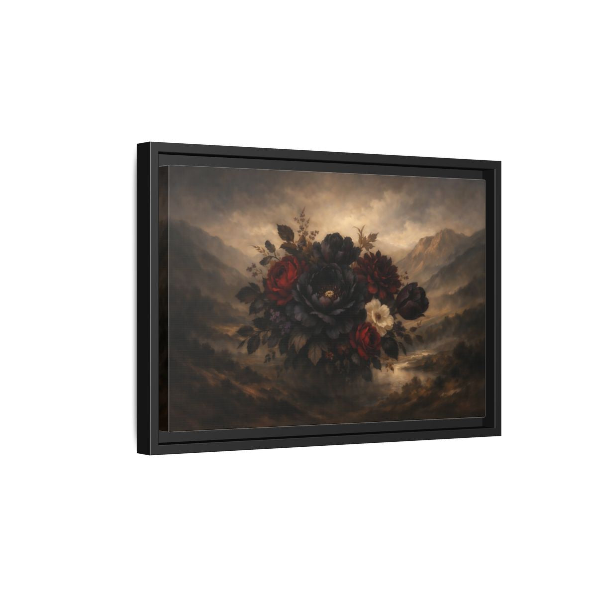 Side Mockup 6. Floral Floral Bouquet Dark Floral Landscape shown as stretched canvas wall art
