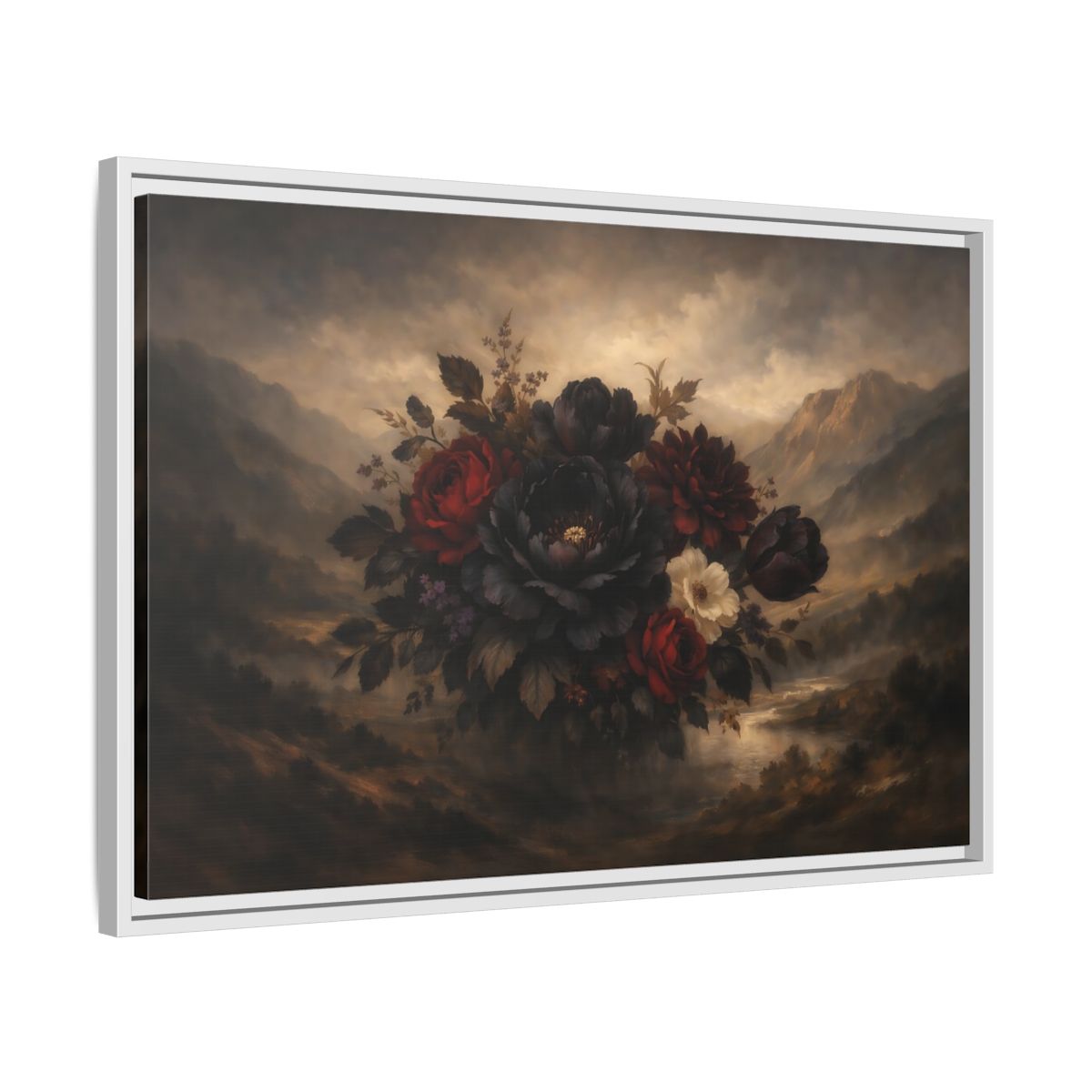 Side Mockup 10. Floral Floral Bouquet Dark Floral Landscape shown as stretched canvas wall art