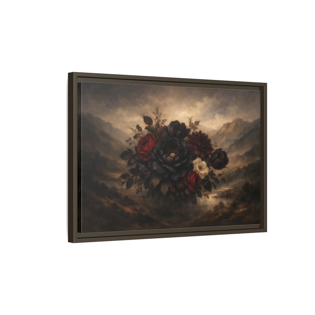 Side Mockup 2. Floral Floral Bouquet Dark Floral Landscape shown as stretched canvas wall art