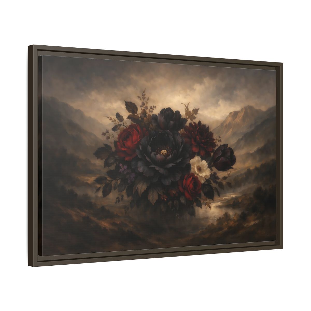 Side Mockup 11. Floral Floral Bouquet Dark Floral Landscape shown as stretched canvas wall art
