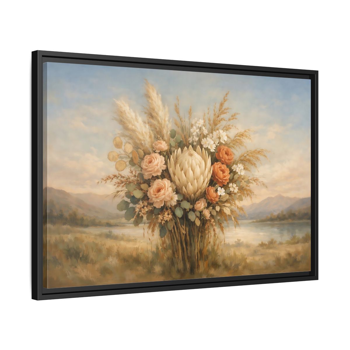Side Mockup 14. Floral Floral Bouquet Earthy Floral Arrangement shown as stretched canvas wall art