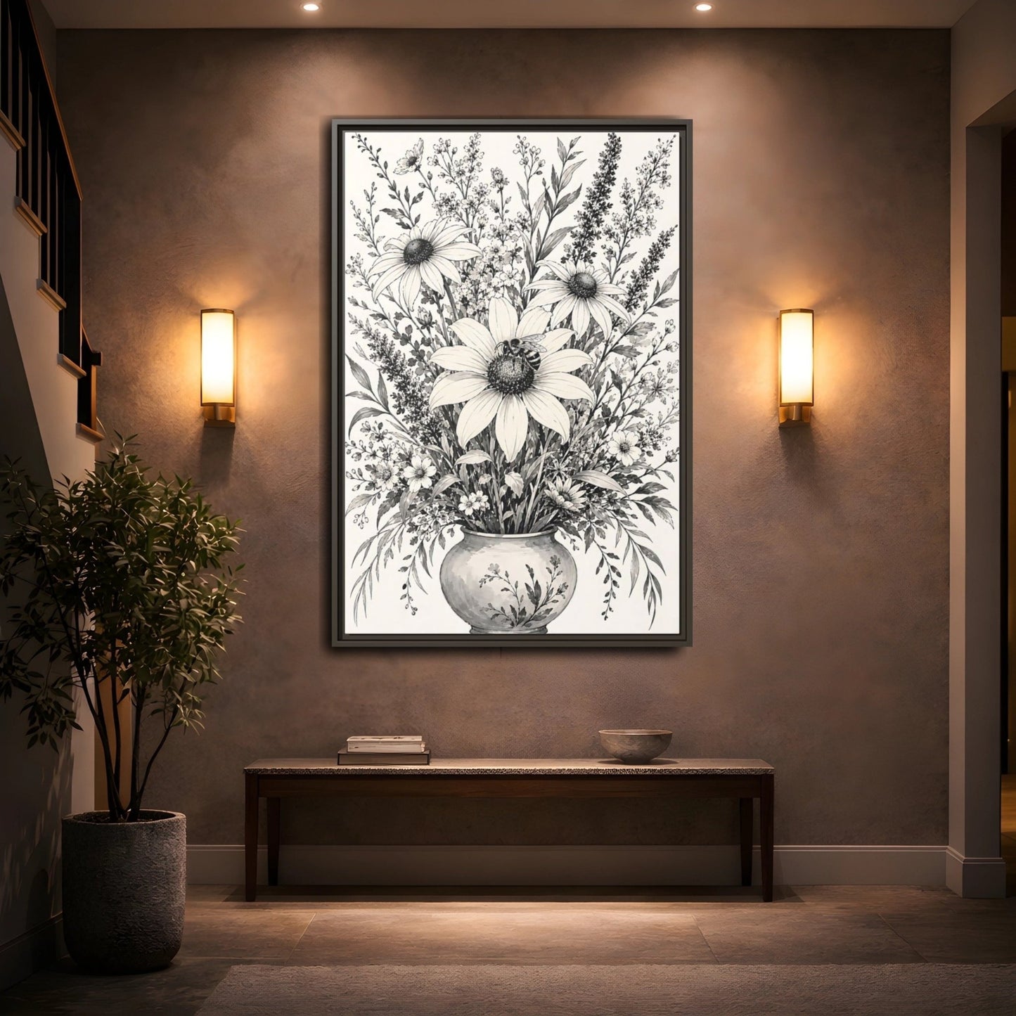 Floral Bouquet Monochrome Framed Canvas Print – Living Room, Above Fireplace - YesArtYes
