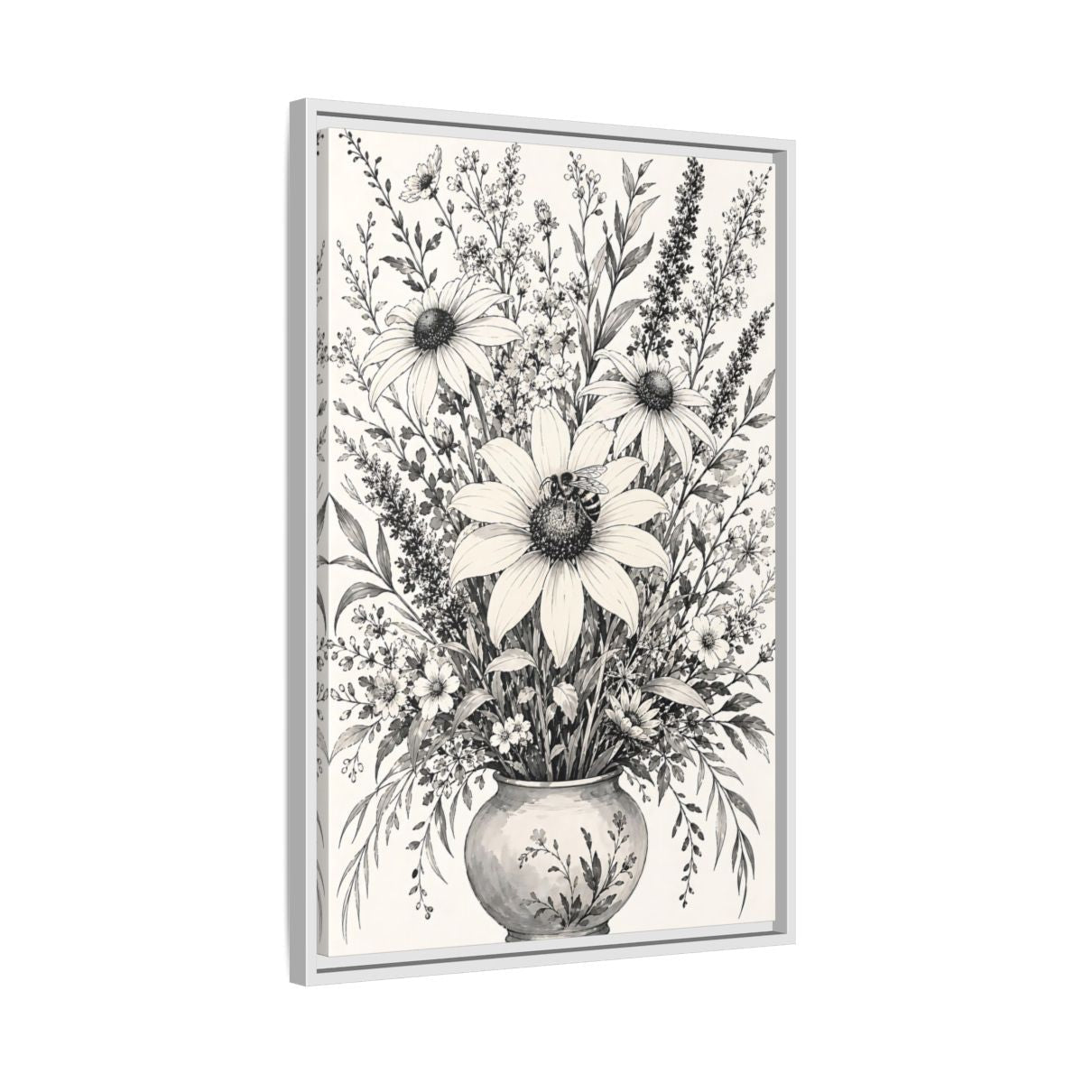 Floral Bouquet Monochrome Framed Canvas Print – Living Room, Above Fireplace - YesArtYes