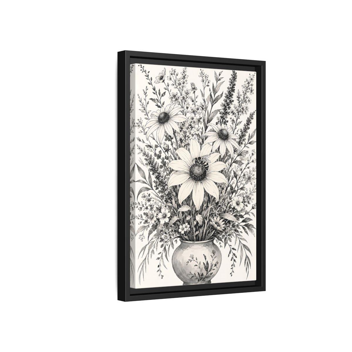 Floral Bouquet Monochrome Framed Canvas Print – Living Room, Above Fireplace - YesArtYes