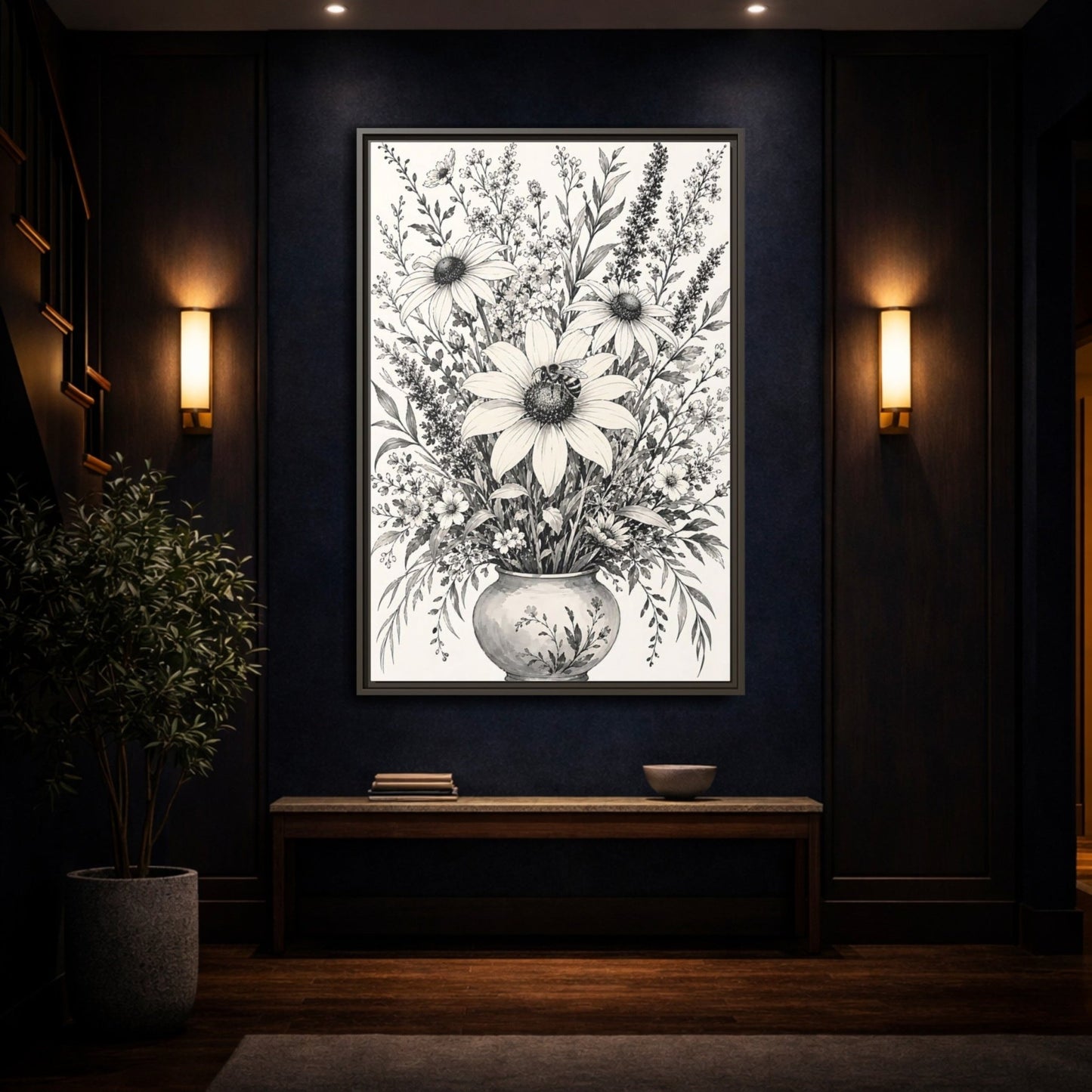 Floral Bouquet Monochrome Framed Canvas Print – Living Room, Above Fireplace - YesArtYes