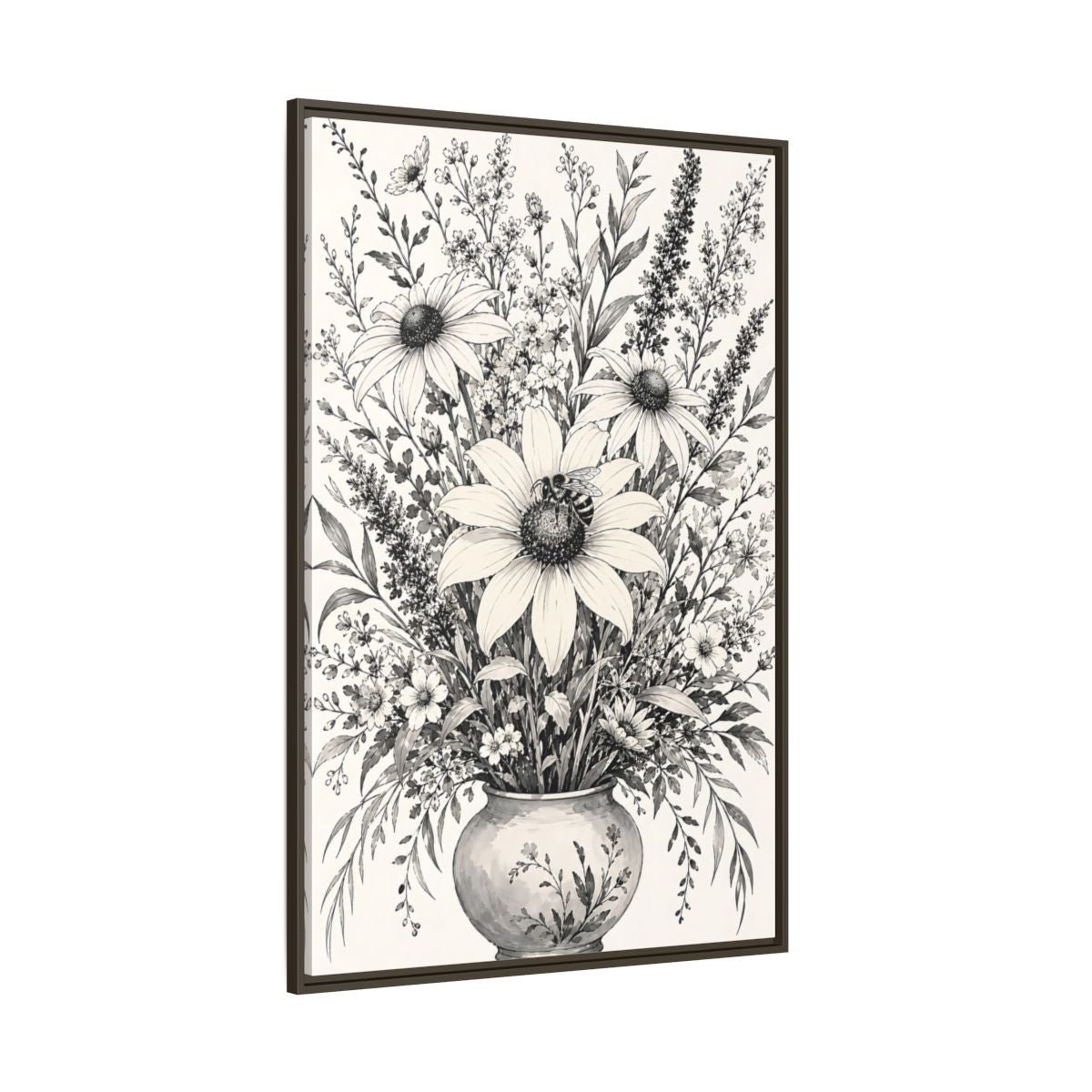 Floral Bouquet Monochrome Framed Canvas Print – Living Room, Above Fireplace - YesArtYes