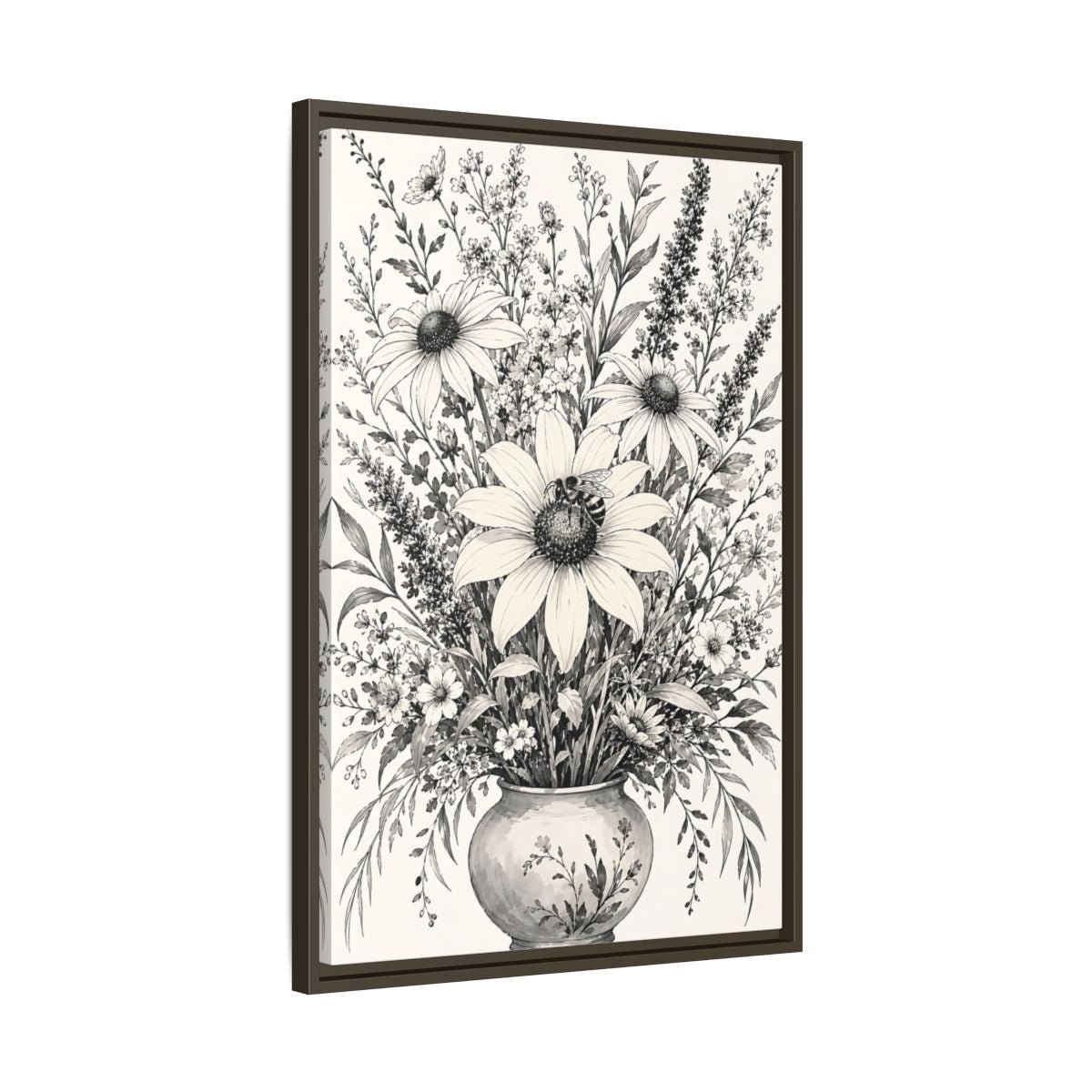 Floral Bouquet Monochrome Framed Canvas Print – Living Room, Above Fireplace - YesArtYes