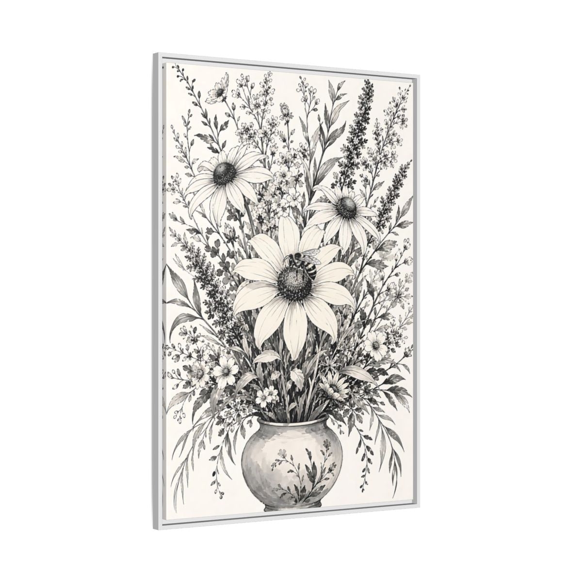 Floral Bouquet Monochrome Framed Canvas Print – Living Room, Above Fireplace - YesArtYes