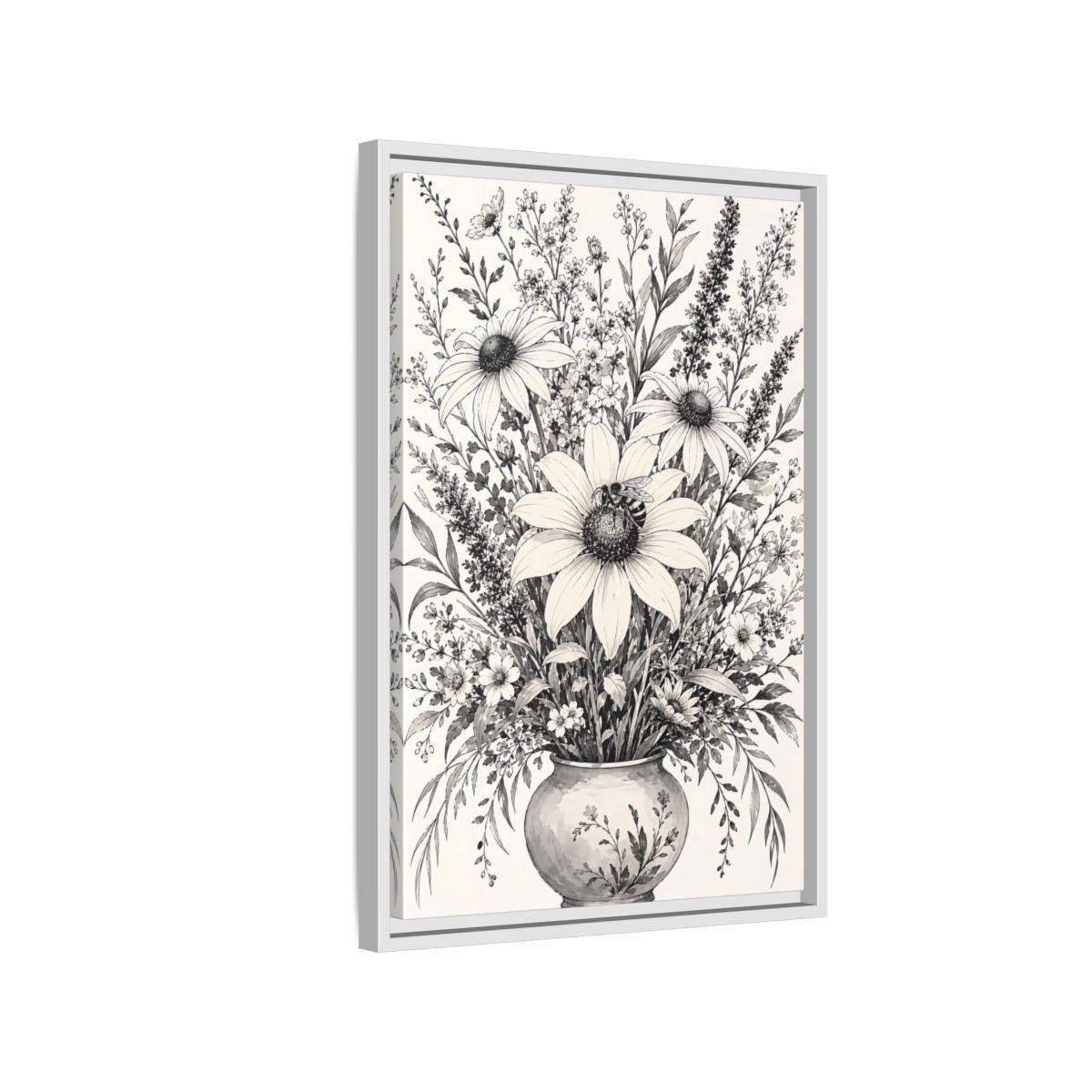 Floral Bouquet Monochrome Framed Canvas Print – Living Room, Above Fireplace - YesArtYes