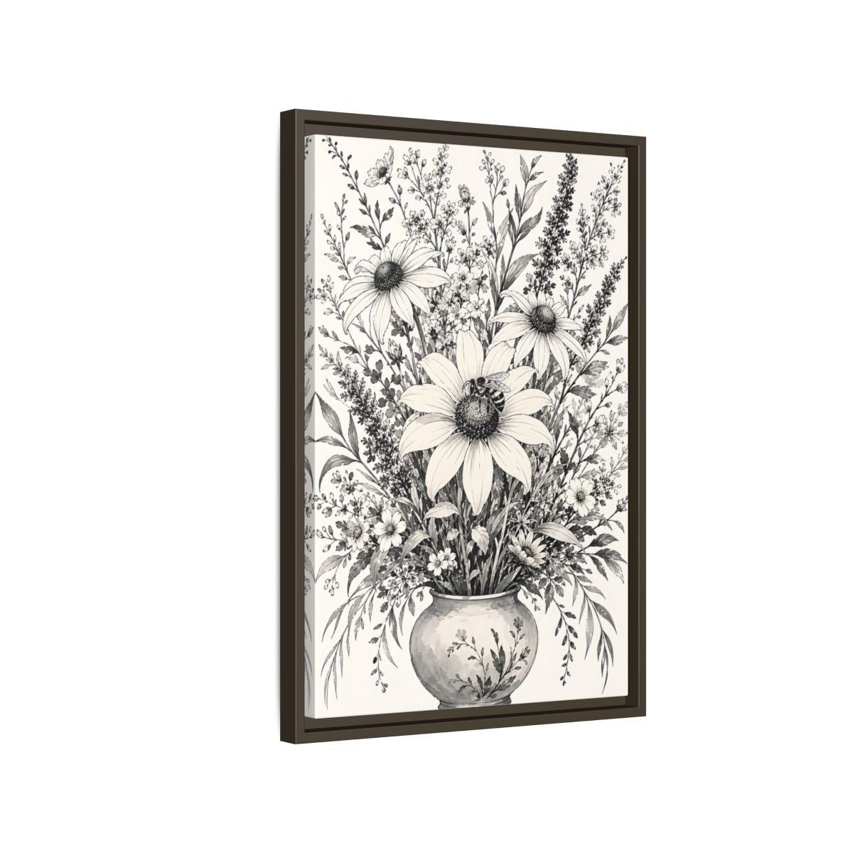 Floral Bouquet Monochrome Framed Canvas Print – Living Room, Above Fireplace - YesArtYes
