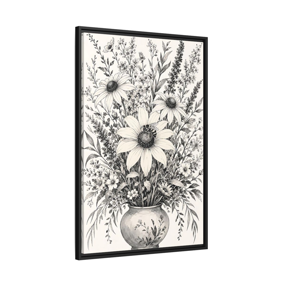 Floral Bouquet Monochrome Framed Canvas Print – Living Room, Above Fireplace - YesArtYes