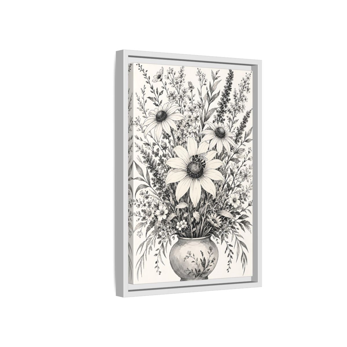 Floral Bouquet Monochrome Framed Canvas Print – Living Room, Above Fireplace - YesArtYes