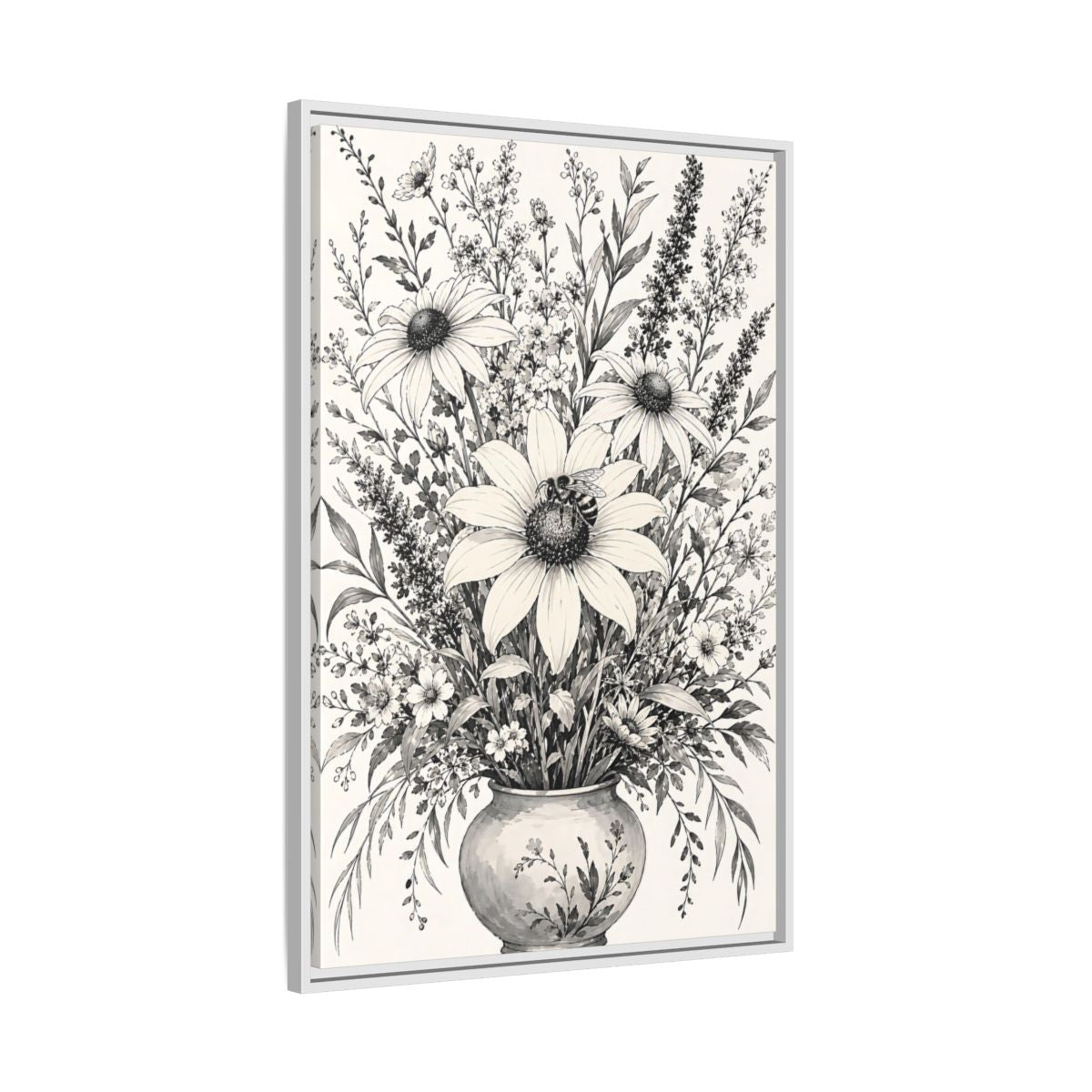Floral Bouquet Monochrome Framed Canvas Print – Living Room, Above Fireplace - YesArtYes