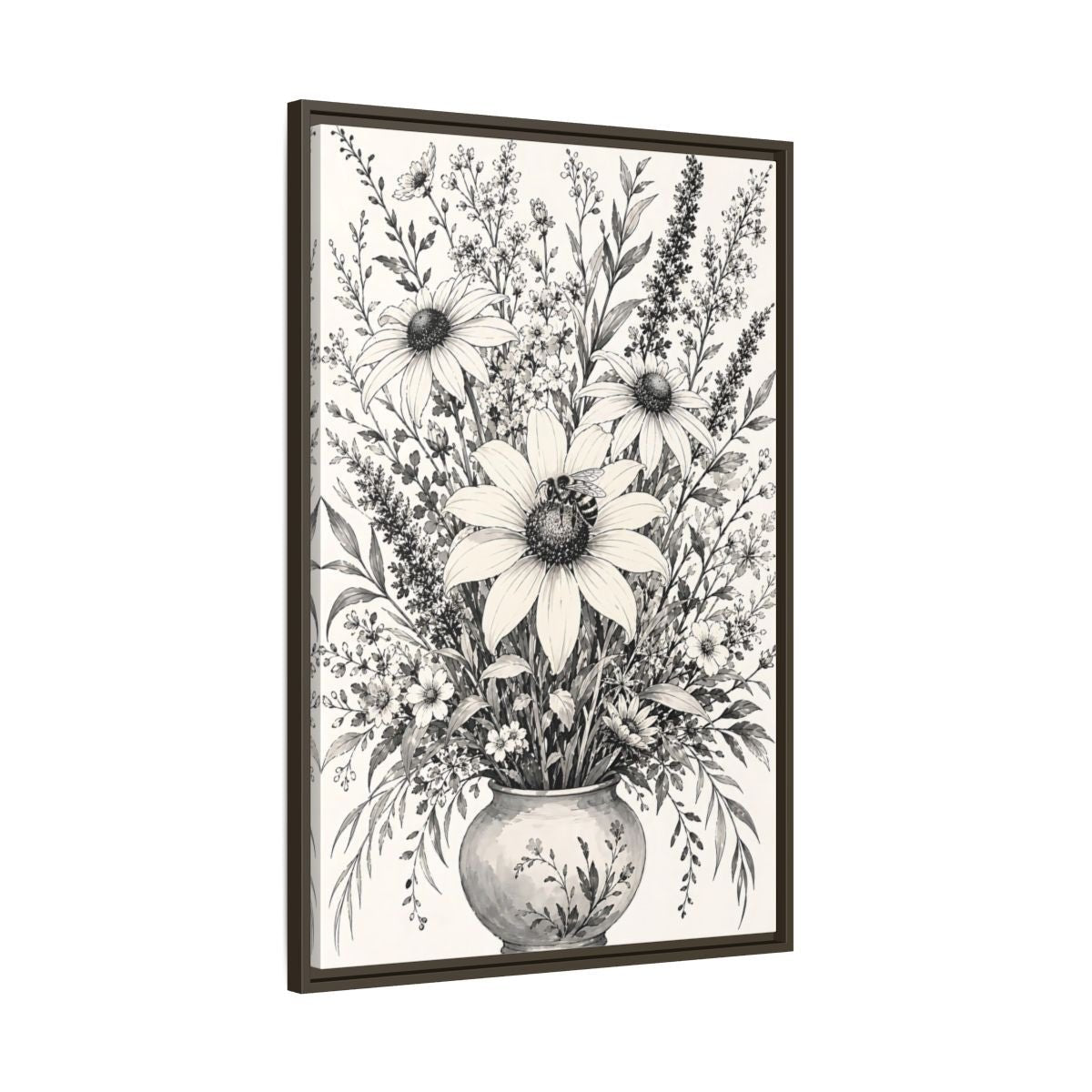 Floral Bouquet Monochrome Framed Canvas Print – Living Room, Above Fireplace - YesArtYes