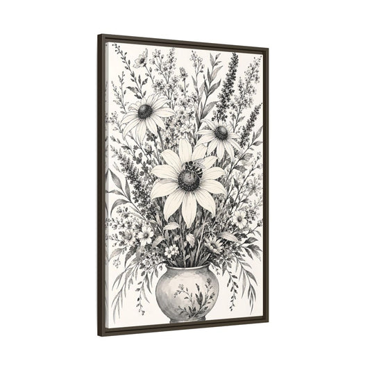 Floral Bouquet Monochrome Framed Canvas Print – Living Room, Above Fireplace - YesArtYes