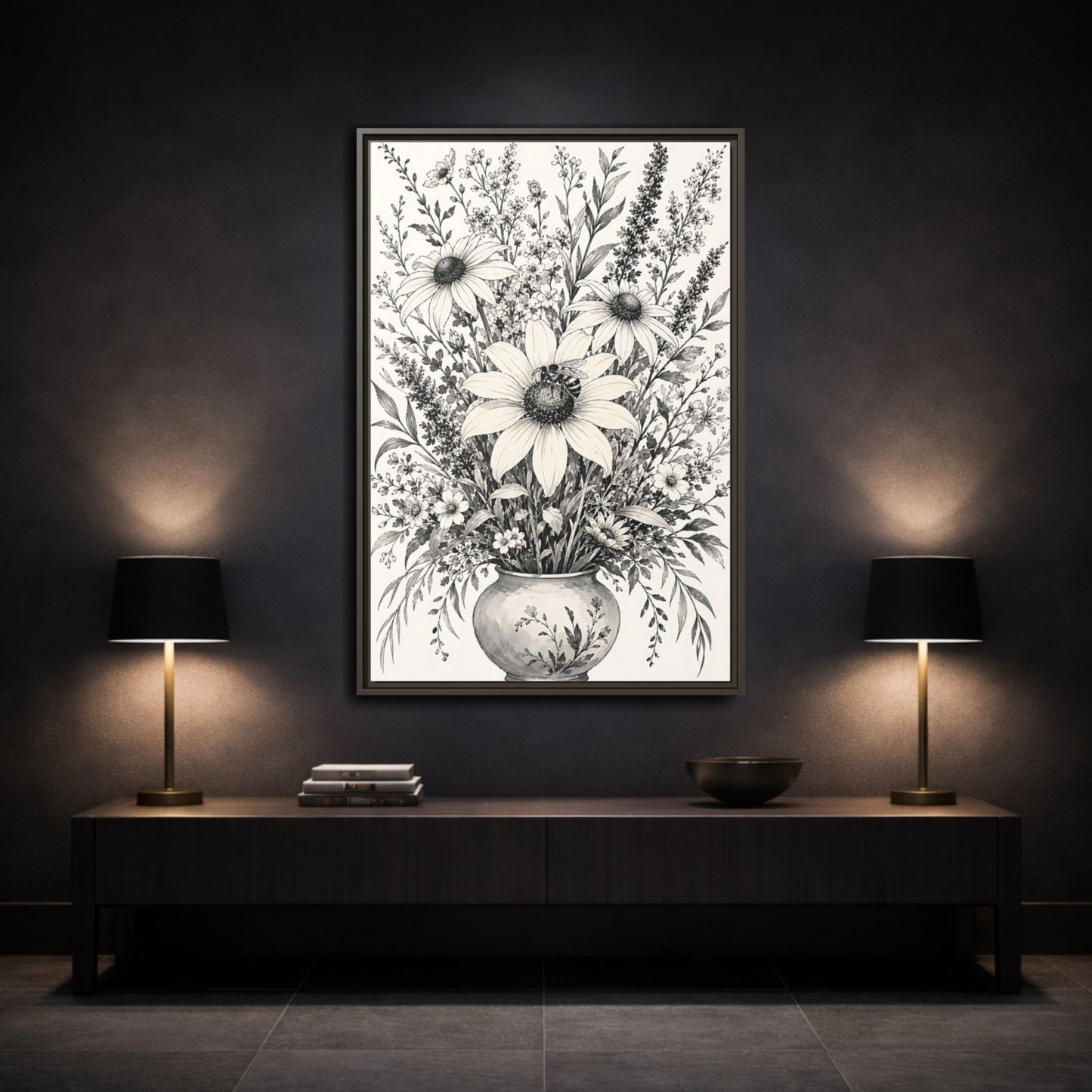 Floral Bouquet Monochrome Framed Canvas Print – Living Room, Above Fireplace - YesArtYes