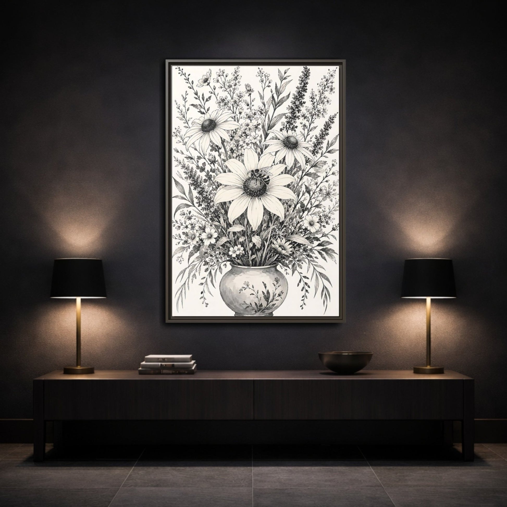 Floral Bouquet Monochrome Framed Canvas Print – Living Room, Above Fireplace - YesArtYes