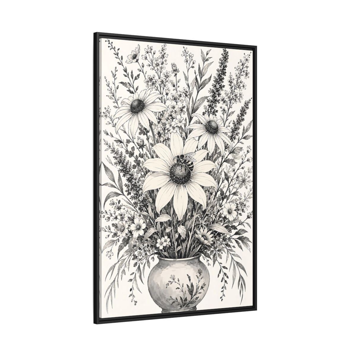 Floral Bouquet Monochrome Framed Canvas Print – Living Room, Above Fireplace - YesArtYes