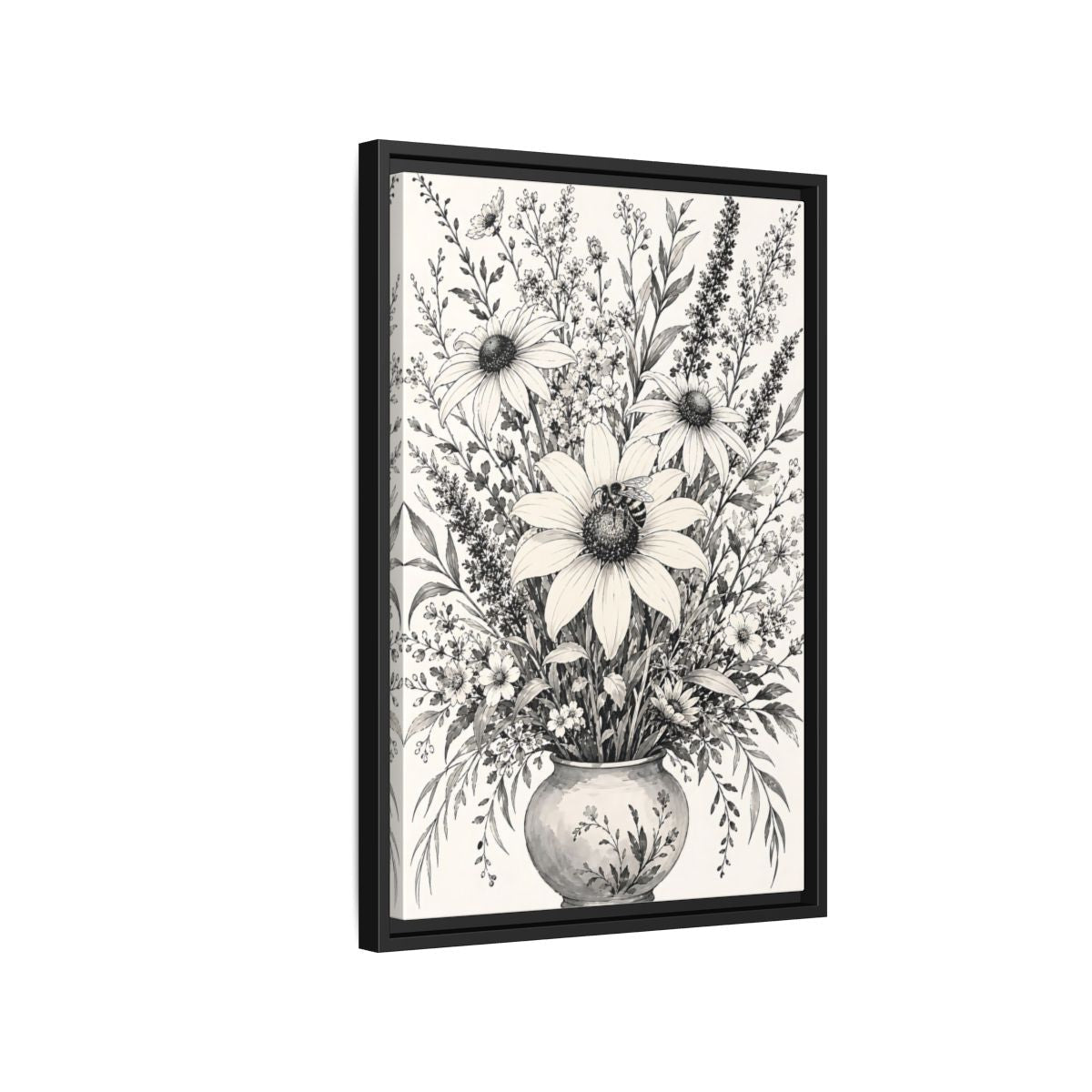 Floral Bouquet Monochrome Framed Canvas Print – Living Room, Above Fireplace - YesArtYes