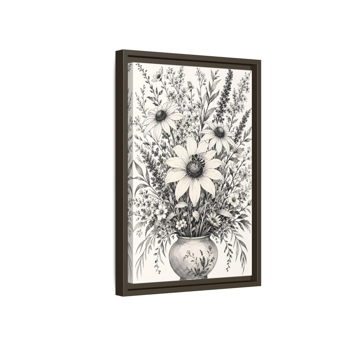 Floral Bouquet Monochrome Framed Canvas Print – Living Room, Above Fireplace - YesArtYes