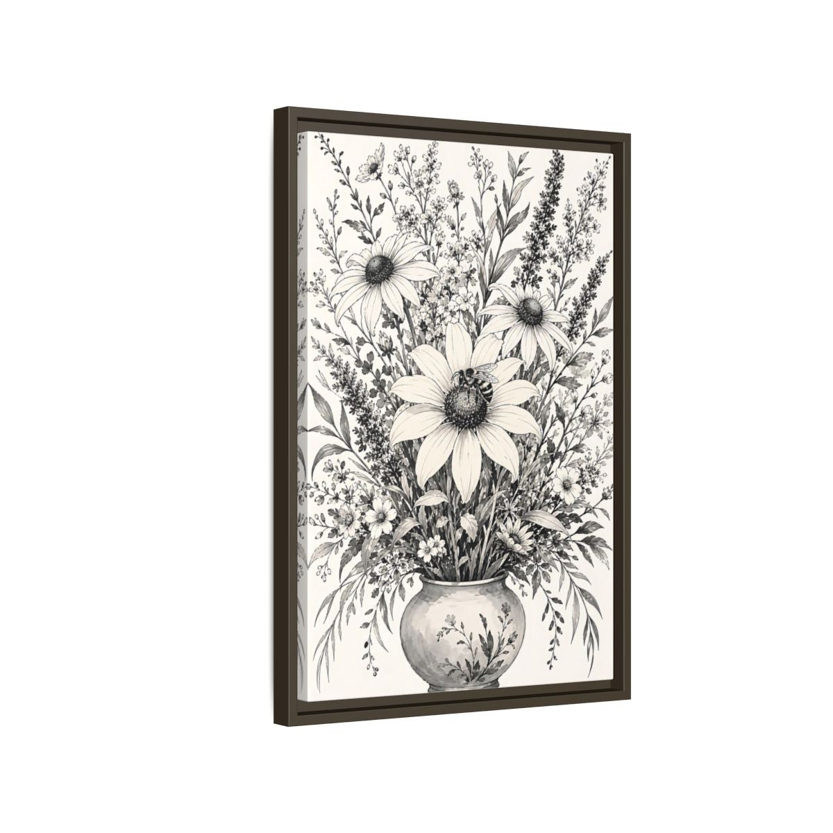 Side Mockup 2. Floral Floral Bouquet Monochrome Floral shown as framed canvas print