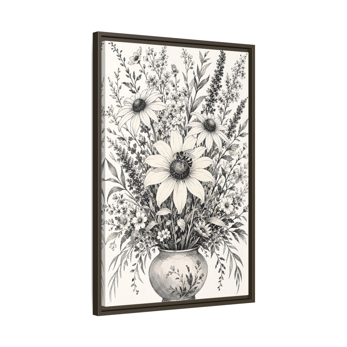 Side Mockup 11. Floral Floral Bouquet Monochrome Floral shown as framed canvas print