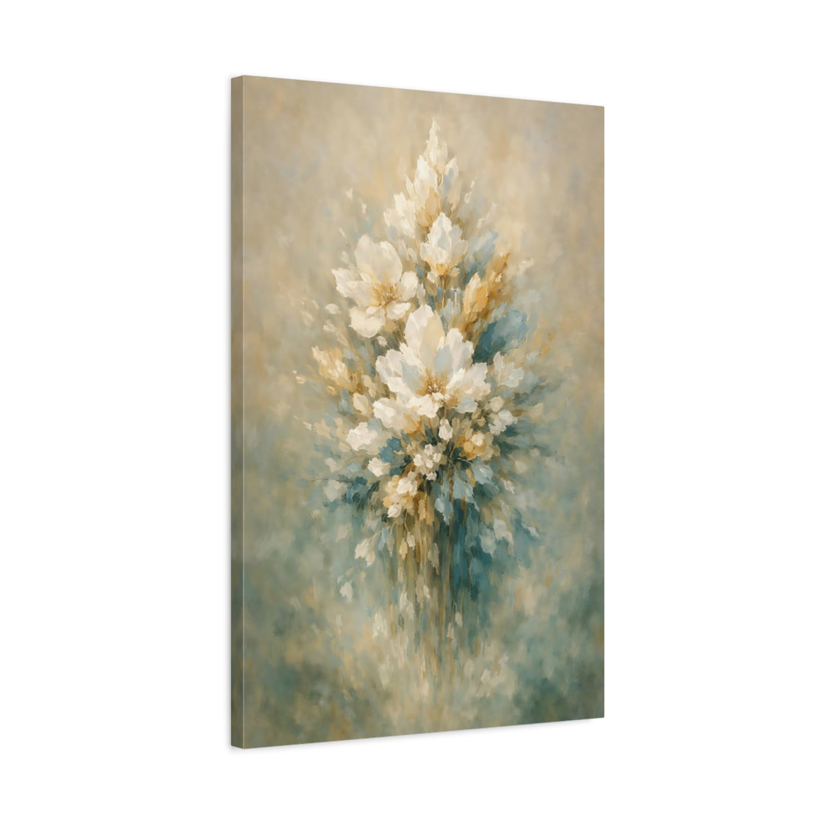 Side Mockup 2. Floral Floral Bouquet Muted Floral Teal Gold shown as stretched canvas wall art